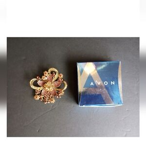 SIGNED AVON 35 YEARS 2006 LARGE RUBY AMBER RHINESTONE GOLD FLOWER BROOCH